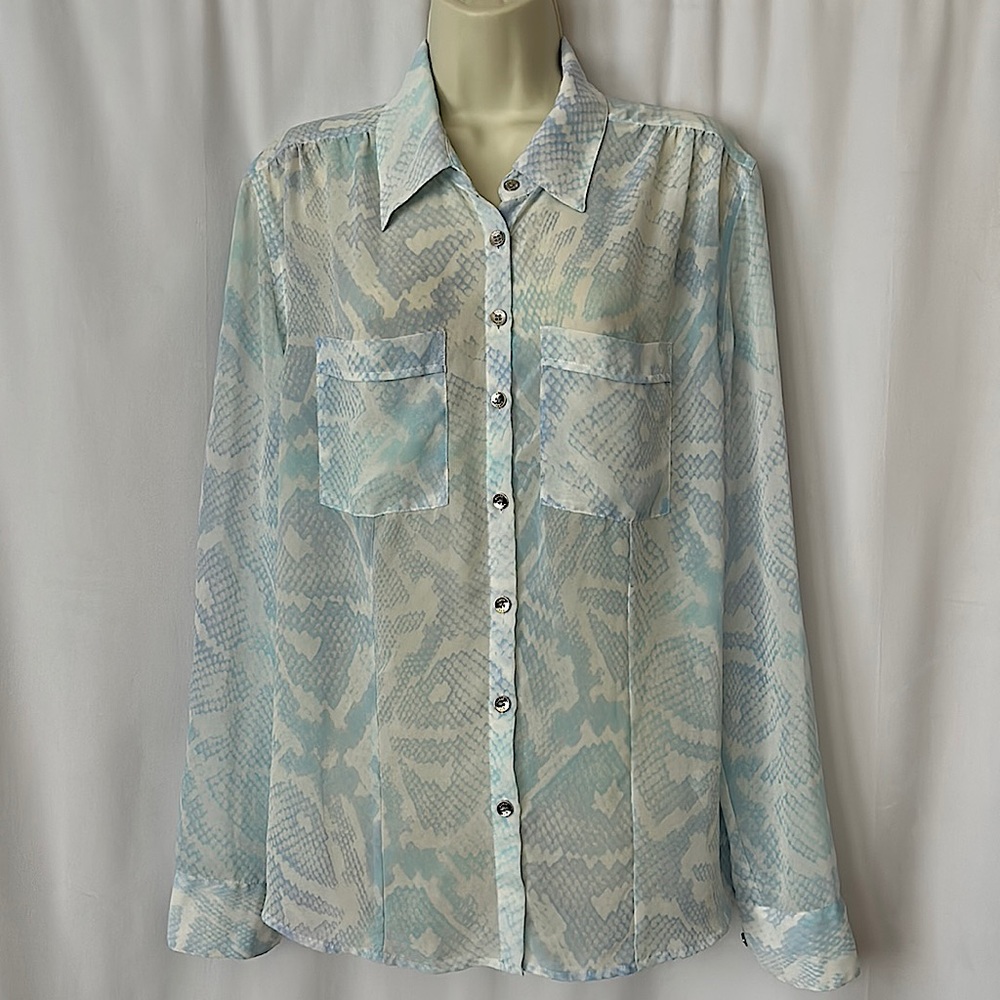 Guess Sexy Light Blue Snake Print Long Sleeve See Through Shirt Top **Sz M**🔥🔥